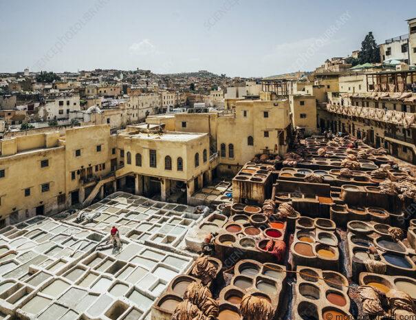 4 Day excursion from Marrakech to Fes via Desert Scenic view of leather tannery dye pits, Fes, Morocco.