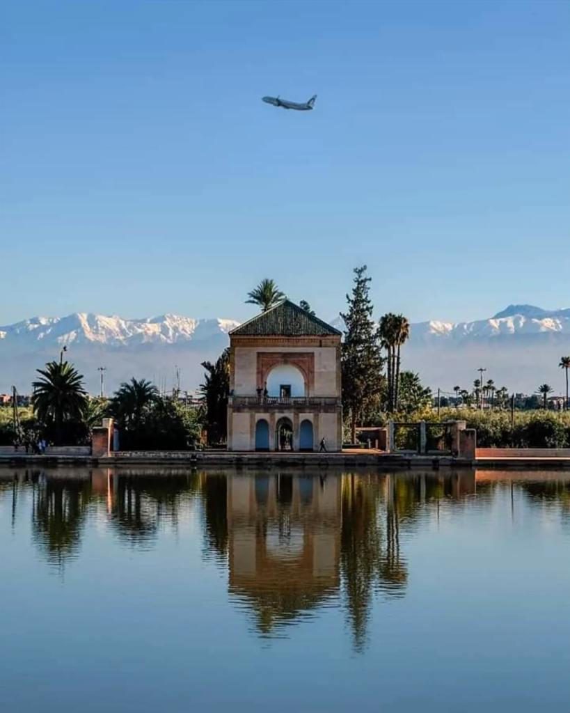 Menara Gardens pavilion with the Atlas behind, Marrakech